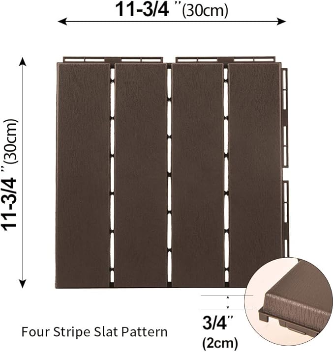 domi Outdoor Living Patio Deck Tiles, 12 x 12 inches Composite Interlocking Decking Tile, Four Slat Plastic Outdoor Flooring, 9 Pieces One Pack, Dark Brown