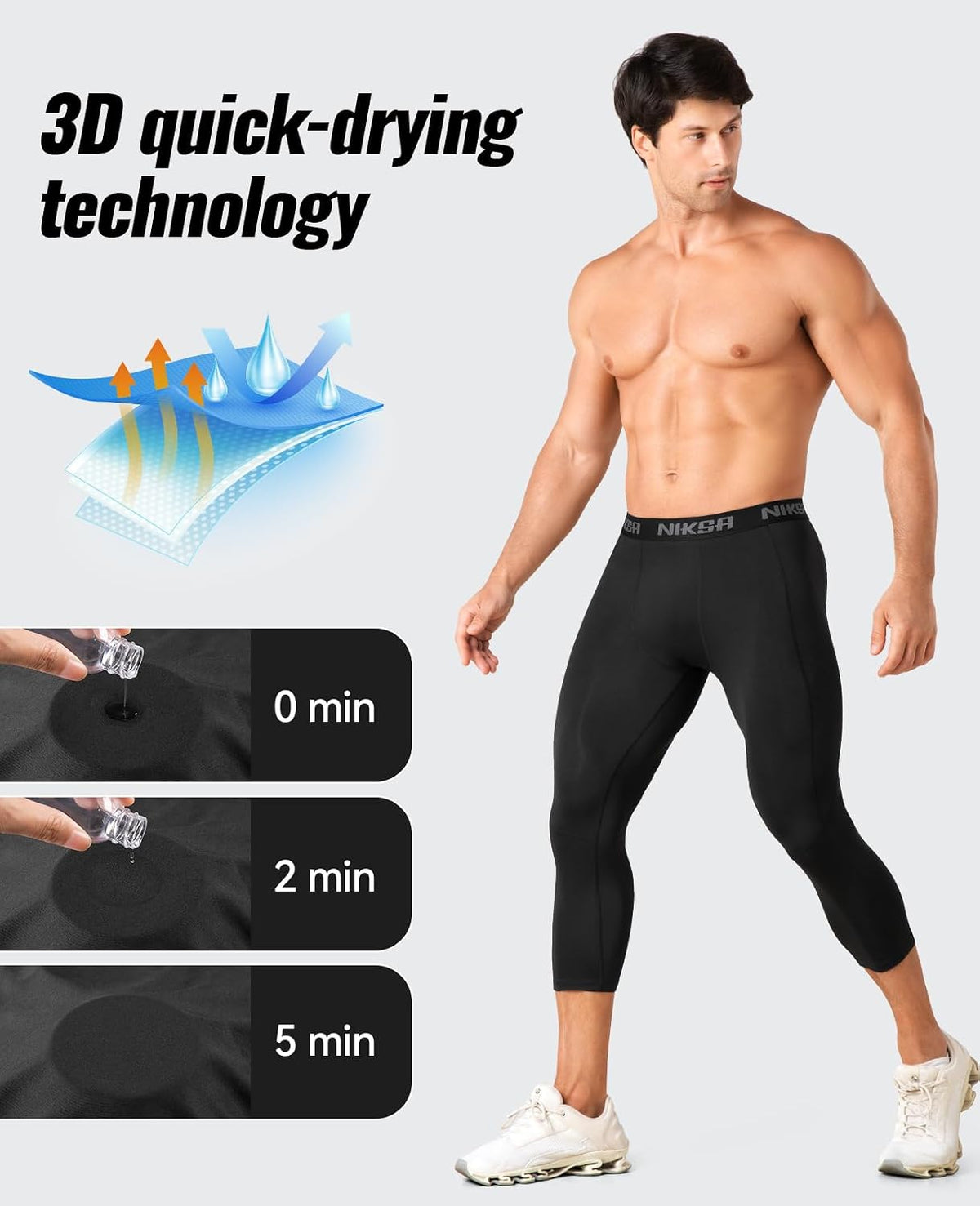 Large, Niksa 3/4 Men's Compression Pants - Athletic Running Capri Tights Quick Dry Basketball Sports Leggings Gym Workout Base Layer.