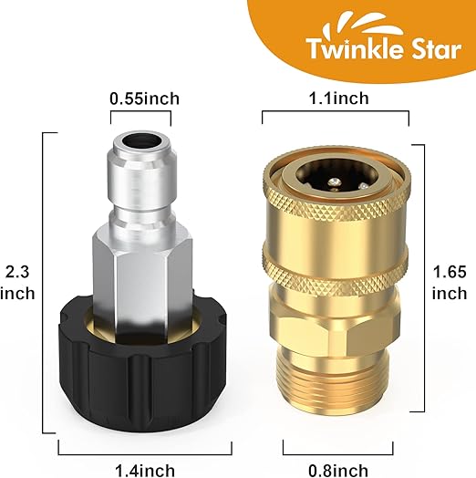 Twinkle Star Pressure Washer Quick Connect Fittings, Quick Connect Kit M22 14mm to 3/8 Inch, 4 Pieces