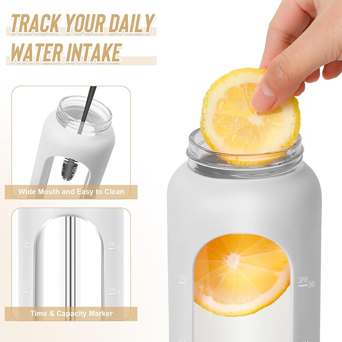 32 oz Glass Water Bottles - 1 Liter Motivational Tumbler Water Bottle Time Marker - Borosilicate Glass Water Bottle With Silicone Sleeve and 2 Lids, Handle Spout Bamboo Straw Lid