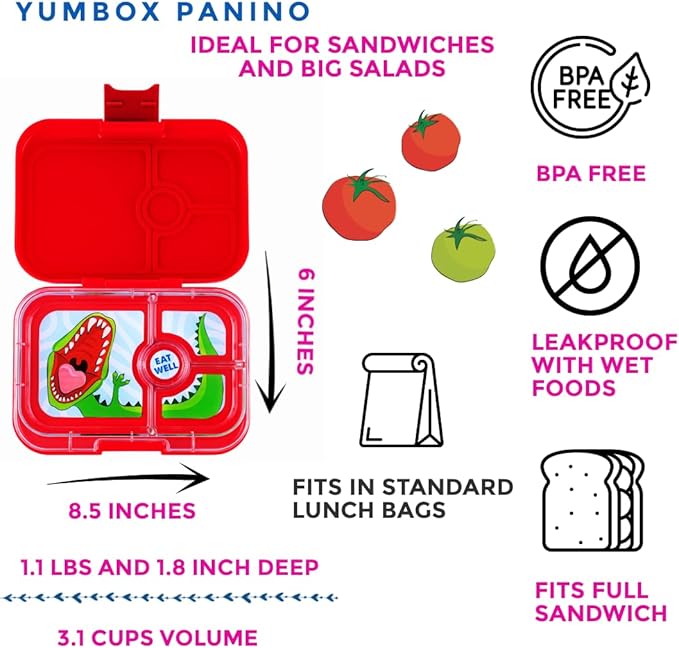 Yumbox Panino Leakproof Bento Lunch Box Container for Kids Adults (Wow Red Dino), Sandwich-friendly lunch box for kids, Easy Open Latch, Lightweight, Compact