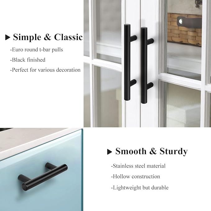 Probrico 5 Pack4 Inch Flat Black Dresser Pulls Cabinet Handles,Stainless Steel Euro Bar Cabinet Handles Dresser Pulls for Kitchen Closet Cupboard Wardrobe,Total Lenght:162mm(6-45 Inch)