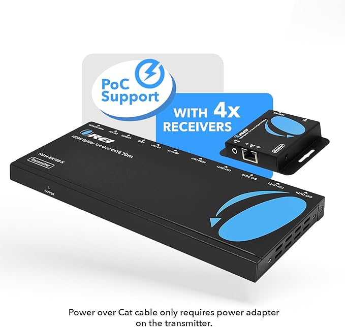 OREI 4K 1x4 HDMI Extender Splitter Over CAT67 Ethernet Cable Up to 4K30Hz upto 165 ft-1080P60Hz upto 230 ft, IR control, EDID, HDMI Loop Out (HD14-EX165-K)