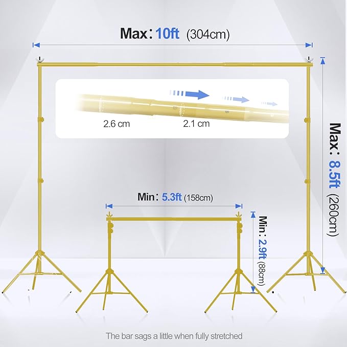 EMART Backdrop Stand 10x7ft(WxH) Photo Studio Adjustable Background Stand Support kit with 2 Crossbars, 8 Clamps, 2 Sandbags and Carry Bag for Parties, Events Decoration, Wedding -Titanium Gold