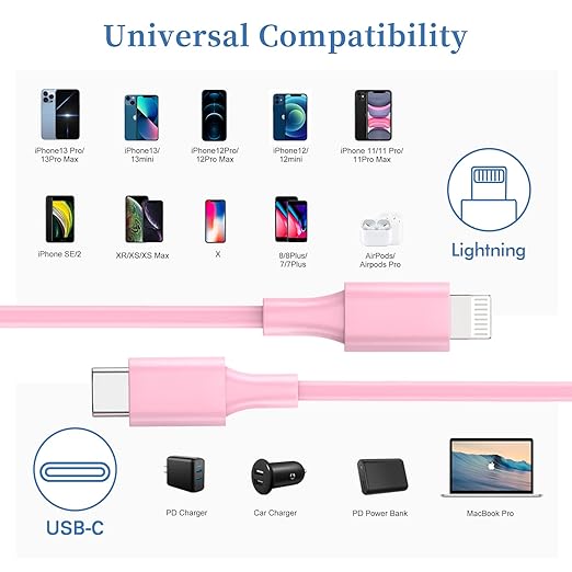 USB C to Lightning Cable, 2Pack 10FT 20W ãMFi Certifiedã‘ Extra Long iPhone Fast Charger Cable Power Charging Cord for iPhone 14/13/12/Pro/Pro Max/Mini/11/Pro Max/XS/MAX/XR/X/ 8/8Plus, Pink