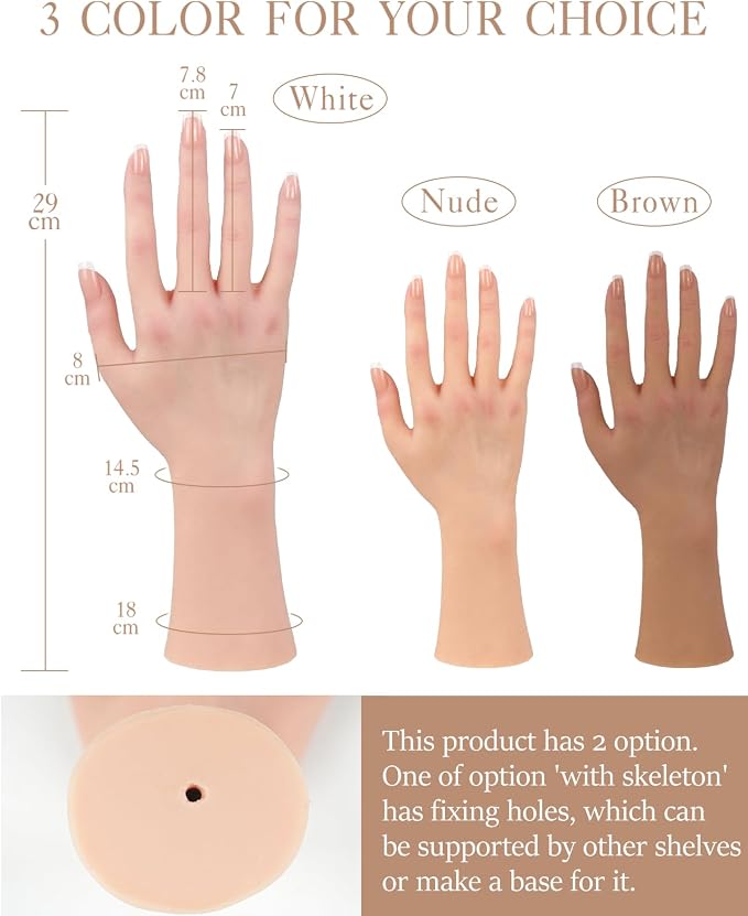 KUMIHO Realistic Silicone Female Hand Model Fake Hand for Jewelry Display Tattoo Training Practice Art Sketch with Nails, 1 Pair -with Skeleton
