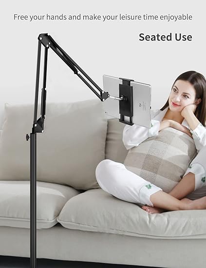 Tablet Floor Stand with Double Weight Base, Overhead Bed Phone Mount Height Adjustable Arm Stretchable Stand Holder, Compatible with iPad Mini Air Pro, Galaxy Tab, Kindle, Switch, Cell Phones