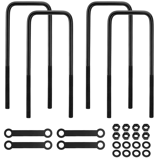 12 inch Square Bend U-Bolt Kits, Heavy Duty Steel Square U-Bolts with 6 inch Tie Plates for Truck Chassis