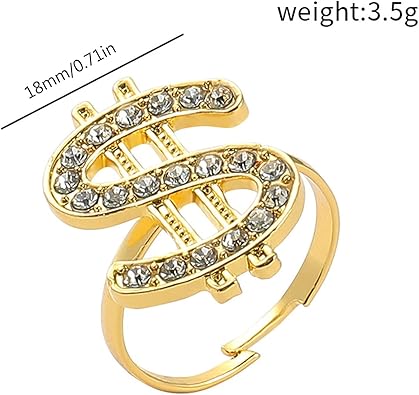 Ring, Crystal Dollar Sign Ring Money Symbol Ring Hip Hop Jewelry Rapper Punk Costume Props Golden Adjustable Open Ring