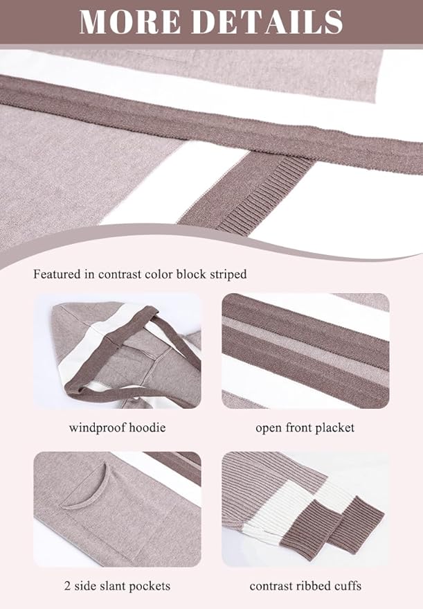 chouyatou Women's Color Block Vertical Striped Open Front Oversized Hooded Long Cardigan Sweaters with Pockets