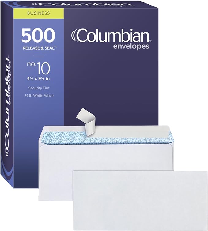 Columbian 10 Security Envelopes, 500Box, No Window, 4-18 x 9-12 Inches, Release Seal Self Seal, White (COLO151)