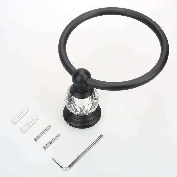 Black Crystal Towel Ring, Bathroom Towel Holder Ring, Matte Black Bathroom Towel Rack Hanger Home Hand Towel Ring Towel Holder for Bathroom Wall Mounted Bathroom Accessory