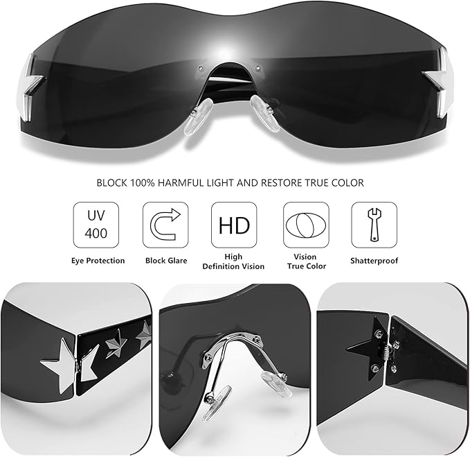 Rimless Y2K Sunglasses Star Wrap Around Glasses 2000S Accessories for Women Men Trendy Fashion Cool Shield Shades