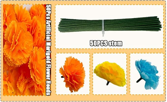 50Pcs Artificial Marigold Flower Heads Silk Marigold Flowers Dia De Los Muertos Bulk Fake Artificial Flowers with 50pcs Stem for Day of The Dead/Halloween/Cake/Desktop/wreath DIY Decorations (Orange)
