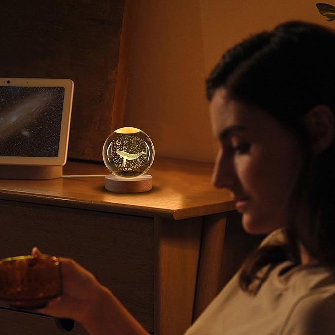 Flexzion 3D Whale Crystal Ball Night Light - LED Light Hologram Glass Lamp with Solid Wood Base, USB Powered Crystal Ball Lamp with Adjustable Brightness for Home Decor Display Gift, 2.4inch(60mm)