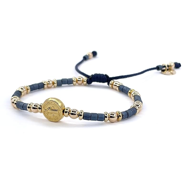 St Benedict Coin Bead Round with Miyuki seed beads and Gold Plated spacers Adjustable Bracelet for Women (Blue)