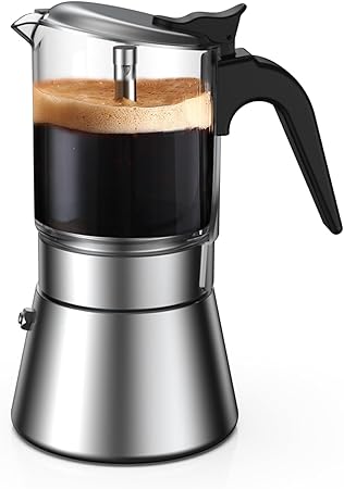 Moka Induction Stovetop Espresso Maker,Crystal Glass-top Stainless Steel Espresso Moka Pot,Classic Italian coffee maker,240ml(6cup)