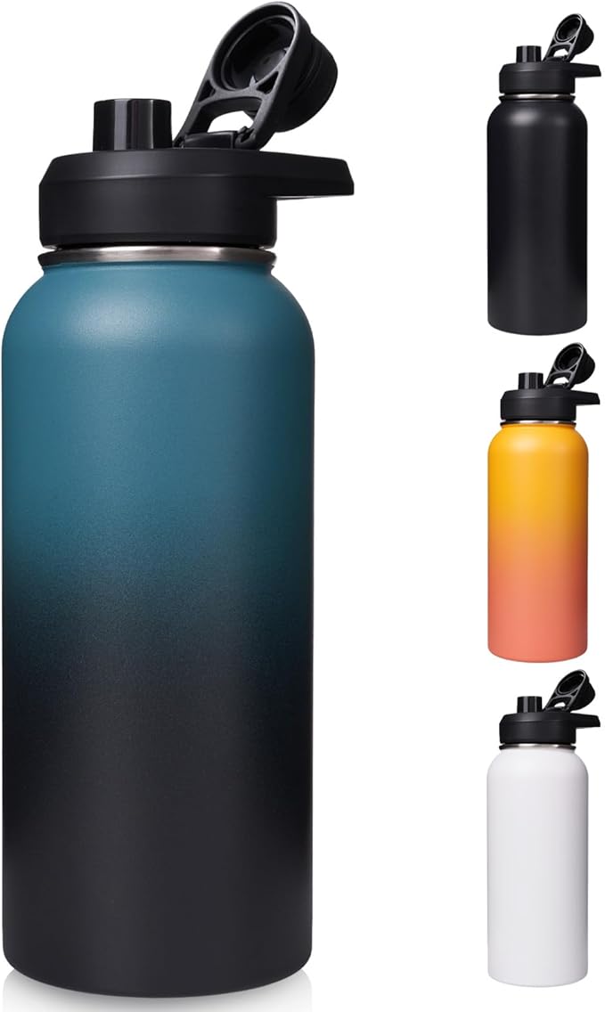 32oz Insulated Water Bottle with Handle, 304 Stainless Steel Water Bottles with Wide Mouth, Double Wall Vacuum Sports Water Bottle, BPA Free, Keep Cold and Hot, BlueBlack