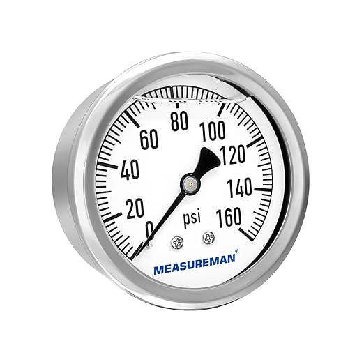 MEASUREMAN 2-12" Dial Size, Glycerin Filled Plumbing Pressure Gauge, 0-160psi, Stainless Steel Case, 14" NPT Back Mount