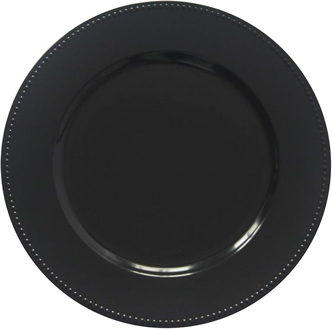 WELMATCH Black Plastic Beaded Charger Plates - 12 pcs 13 Inch Round Wedding Party Decroation Charger Plates (Black, 12)