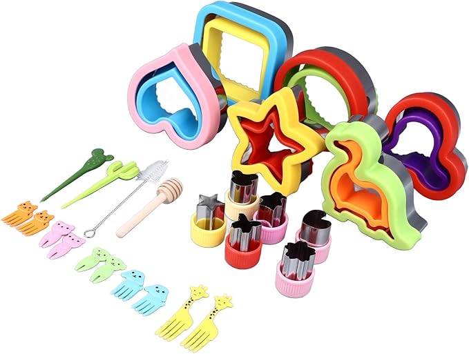 9Pcs Sandwichs Cutter and Sealer Set, Uncrustable Sandwichs Maker, Stainless Steel Cookie Cutters, Vegetable and Fruit Shapes, with Forks, Stirring Stick, Brush for DIY Baking