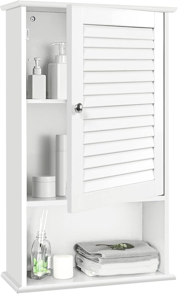 Tangkula Medicine Cabinet, Wall Mounted Bathroom Cabinet Single Door Wooden Bathroom Wall Cabinet with Adjustable Shelf