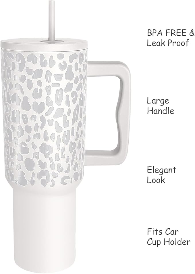 StainlessSteel Tumbler-40oz with Lid,Handle,Straw,Double Wall Vacuum Insulated Leak Proof Travel and Business Mug,best for hot&cold Water,Coffee,Tea,Milkshake,Juice,Soda (white Leopard)