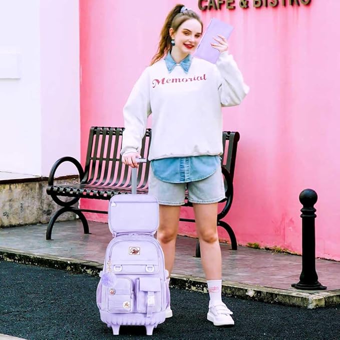 CCJPX Rolling Backpack for Girls Women, 21 inch Roller Wheels School Bookbag, Wheeled Suitcase Backpacks with Lunch Bag for Teen - Purple