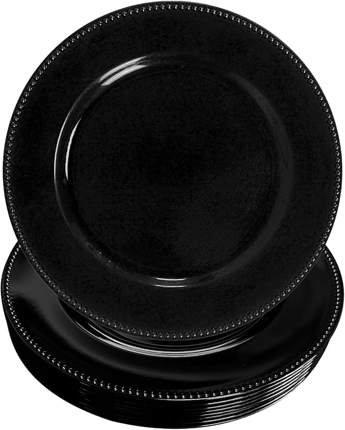 WELMATCH Black Plastic Beaded Charger Plates - 12 pcs 13 Inch Round Wedding Party Decroation Charger Plates (Black, 12)