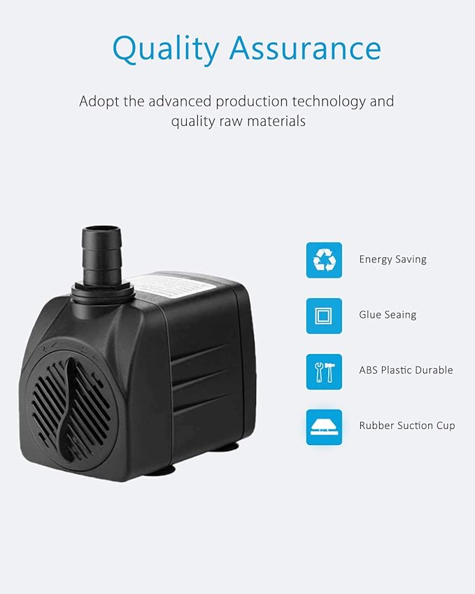 Submersible Pump 400GPH (1500L 25W) Ultra Quiet with Dry Burning Protection 6.5ft High Lift for Fountains, Hydroponics, Ponds, Aquariums & More