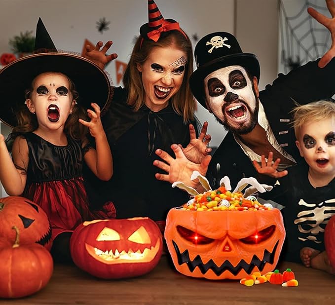 XOYTN XIMISHOP Animated Halloween Skull Bowl, Pumpkin Candy Dish With Creepy Moving Skeleton Hand for Party Decoration