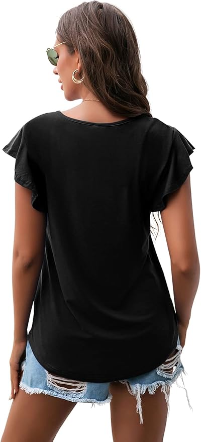 PrinStory Women's Ruffle Tops Summer Casual Short Sleeves Knit Shirts Round Neck Tunic Top for Women 2025 Fashion Trend