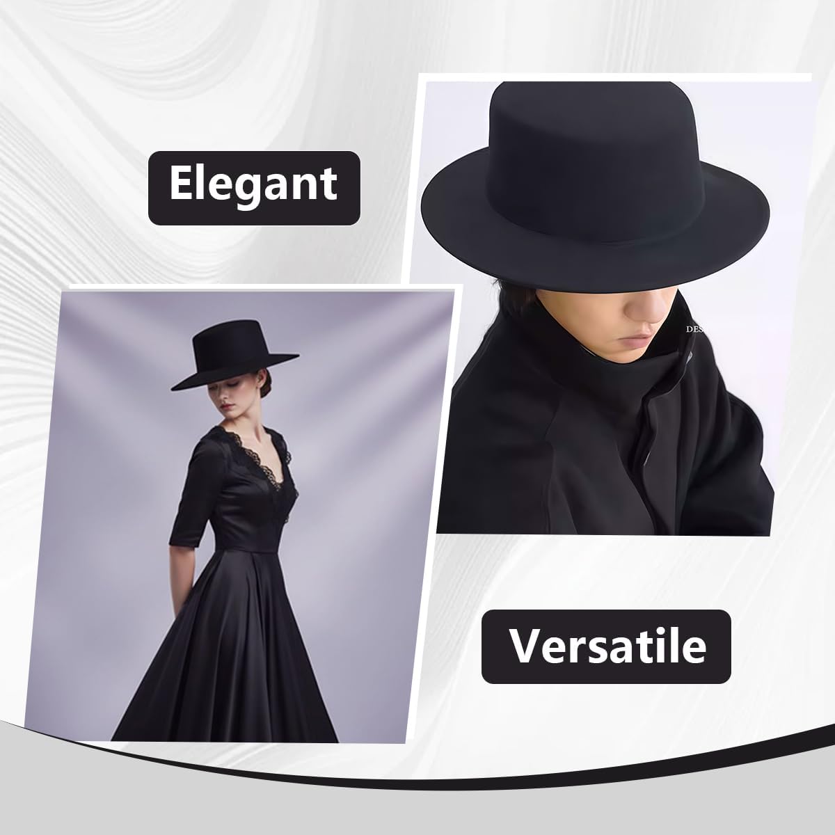 1PCS Black Classic Flat Top Blend Fedora Hat Brim Church Derby Cap for Unisex Men Women Head Circumference 22-22.8in