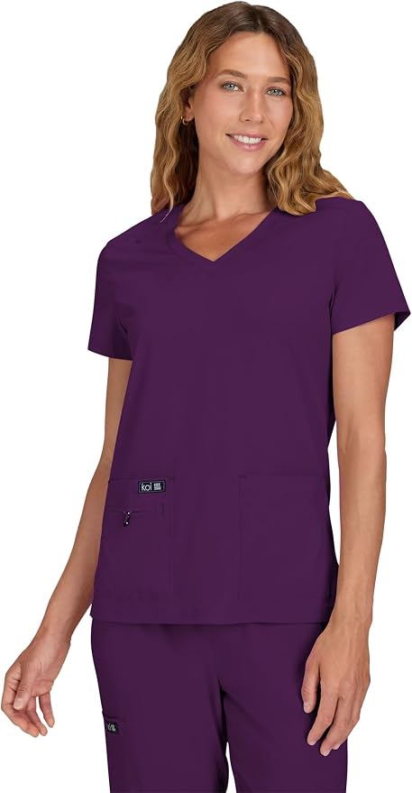 KOI Basics Women's Becca V-Neck Scrub Top, 4 Pockets, ID Bungee Loop, Moisture-Wicking Performance