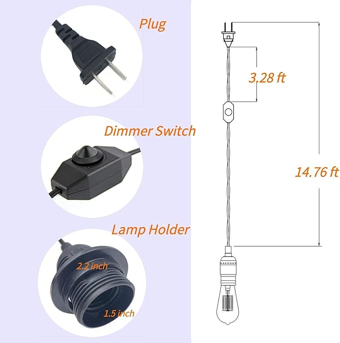 Pendant Light Kit with Dimmer Switch 15 Feet Hanging Lamp Cord Set Plug in Edison Light Bulb Socket Rope for E26 E27 DIY Swag Light Fixtures