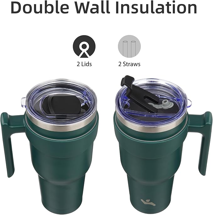 30 oz Tumbler with Handle and 2 Straw 2 Lid, Insulated Water Bottle Stainless Steel Vacuum Cup Reusable Travel Mug,Army Green