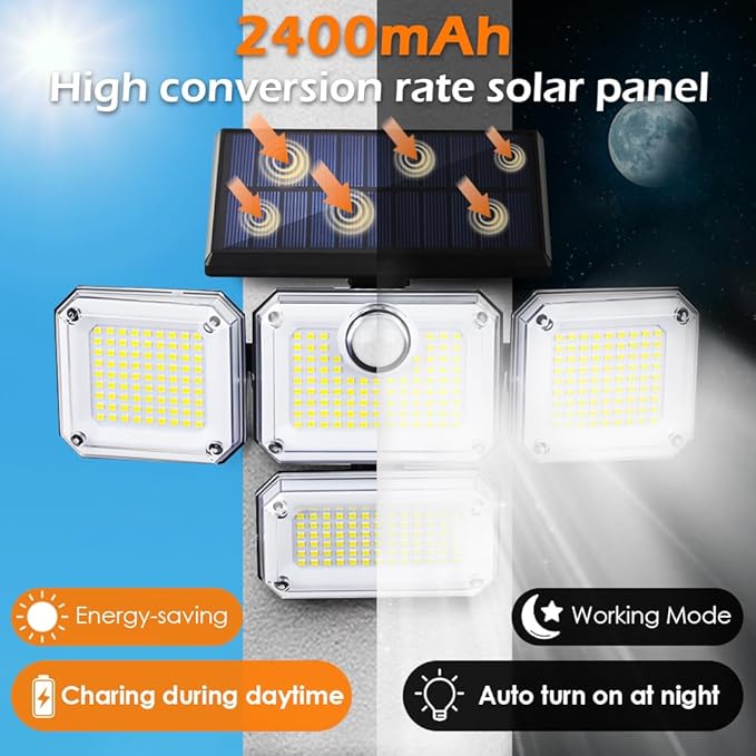 Solar Outdoor Lights with Motion Sensor, 333 LEDs Wide Angle Solar Lights,1200LM 3 Modes Solar Lights 270°,7700K Daylight White Remote Control IP65 Waterproof Wall Light for Garage, Yard
