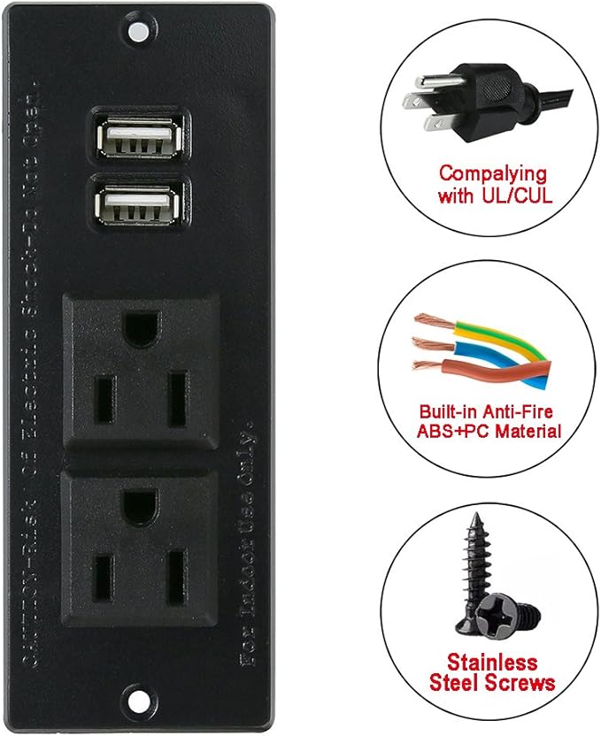 Desktop Power Strip with 2 Outlets 2 USB 2.1A Insert Mounting Built in Desk Table Sofa Cabinet Nightstand