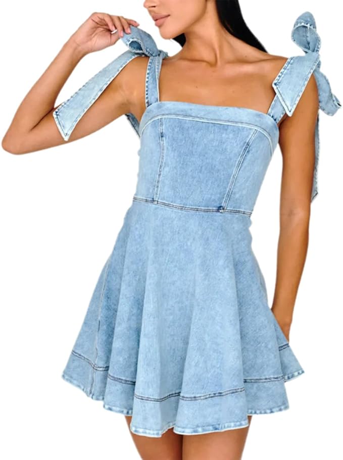 Women's Summer Denim Mini Dress Sleeveless Bow Straps Cute Babydoll Dress Trendy Short Jean Dress