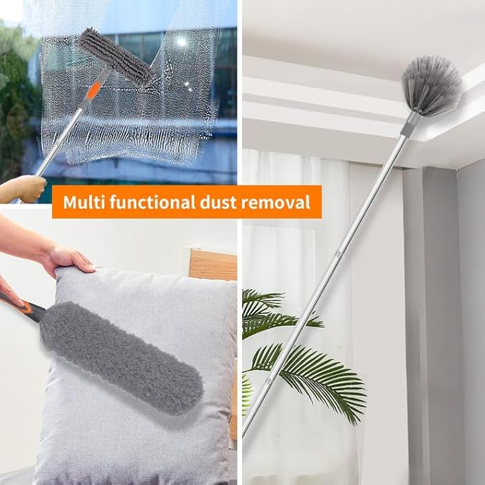 Professional Duster Kit with Assembled Extension Pole, Cobweb Duster, Window Scrubbing Squeegee, Cobweb Duster, IndoorOutdoor Stretchable Bendable Duster Cleaning Kit