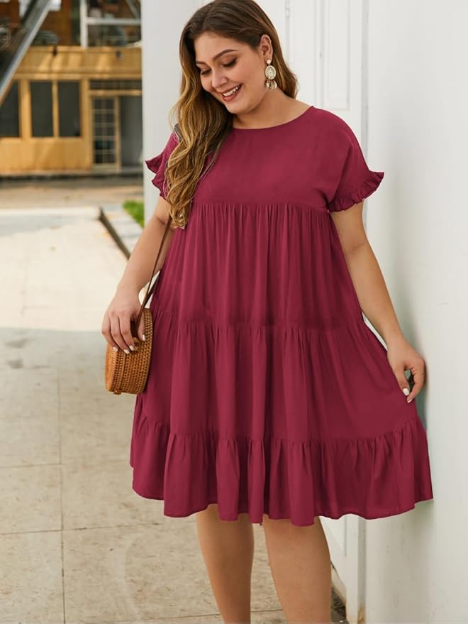 YOXUA Womens Plus Size Dress - Ruffle Short Sleeve Crewneck Color Block Loose Summer Beach Swing Dresses XL-4XL