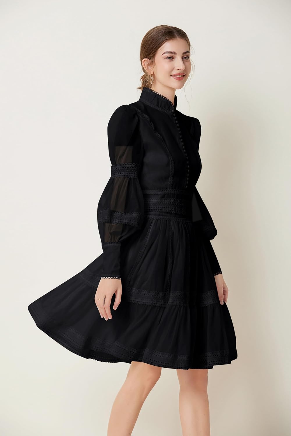 Medium , LAI MENG FIVE CATS Women's Puff Sleeves High Collar Hollow Mesh Pleat Layered Hem Solid Color Mini Dress.