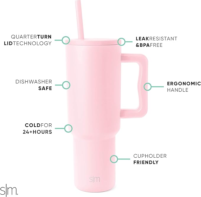 Simple Modern 40 oz Trek Tumbler with Handle and Straw Lid Cup Holder Friendly Insulated Stainless Steel Travel Mug Blush