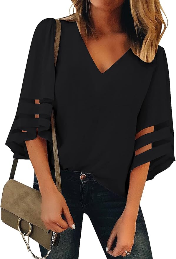 LookbookStore Women's V Neck Mesh Panel Blouse 3/4 Bell Sleeve Loose Top Shirt