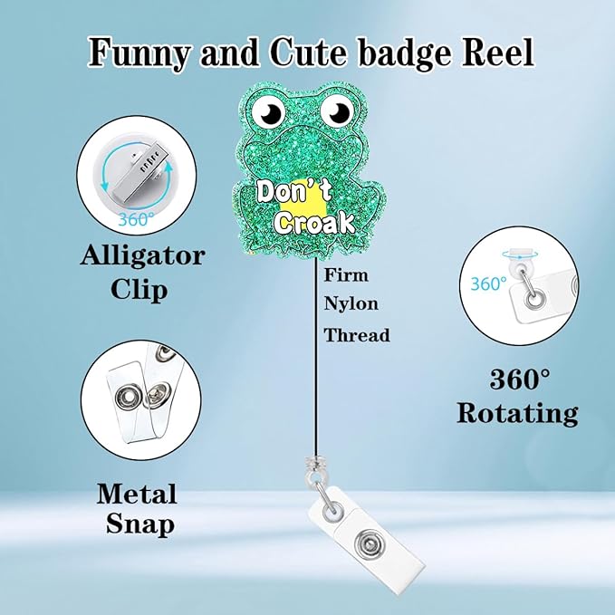 Cute Don't Croak Badge Reel Retractable Animal Nursing Badge Holder Clip Nurse Funny CNA RN Badge Reels for Nurses Medical Glitter Green Acrylic Badge Clips Doctor Hospital Accessories