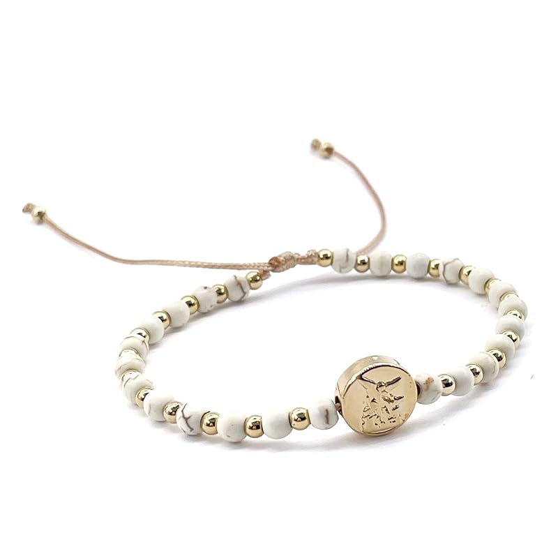 St Michael Archanel Coin and Natural Round White Turquoise Beads Adjustable Bracelet for Women (White Turquoise)