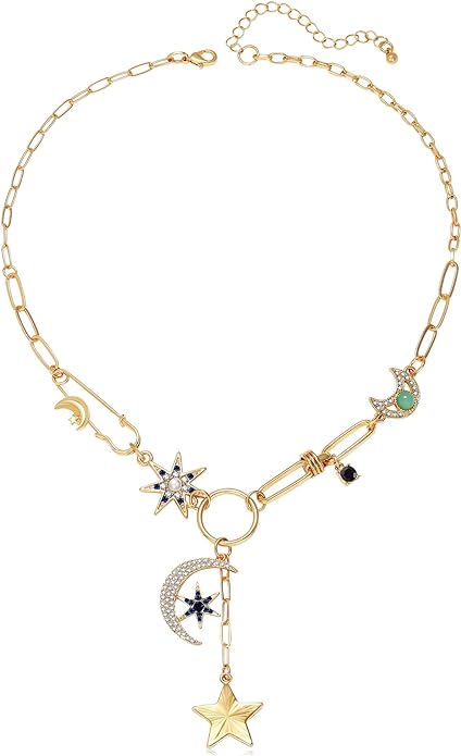 Charm Necklace for Women Gold Evil Eye Sun Moon Flower Coin Pendant Necklace Dainty Paperclip Chain Vintage Luck Amulet Choker Necklaces Celestial Jewelry Gift