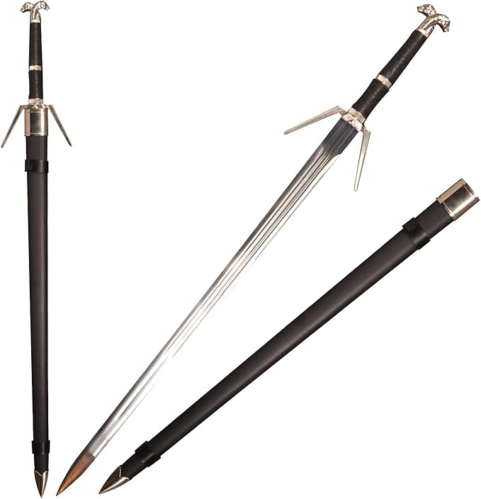 Full Metal Geralt's Silver Steel Sword 125cm/48.8 inches, Runes Engraved on The Blade, Stainless Steel,White Wolf Sword,Aerondight Silver Sword Handmade Anime Cosplay Prop for Display and Collection