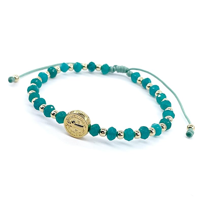 St Benedict Coin and Natural Round Aquamarine Agate Beads Adjustable Bracelet for Women (Aquamarine Agate)