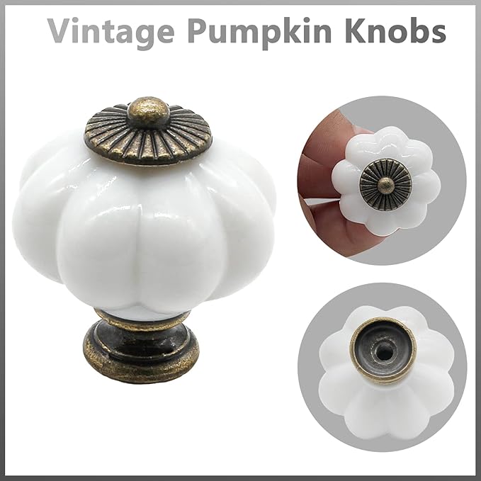 Waziaqoc 10PCS White Pumpkin Knobs, Acrylic Cabinet knobs Antique Decorative Knobs Drawer Handle Pulls with Screws for Wardrobe Cupboard Closet Dresser Kitchen Cabinet